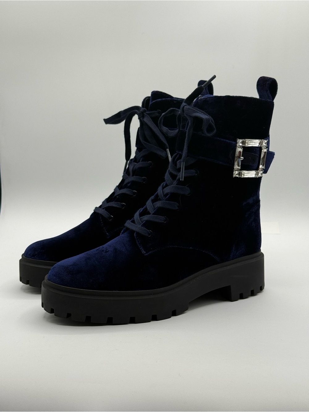 Stuart Weitzman June Velvet Combat Boots Navy Blue Chunky Lug Sole Buckle - Picture 8 of 17